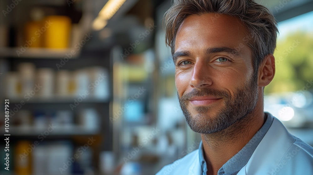 Poster smiling ai assistant explains smart device features in a modern laboratory setting during the day