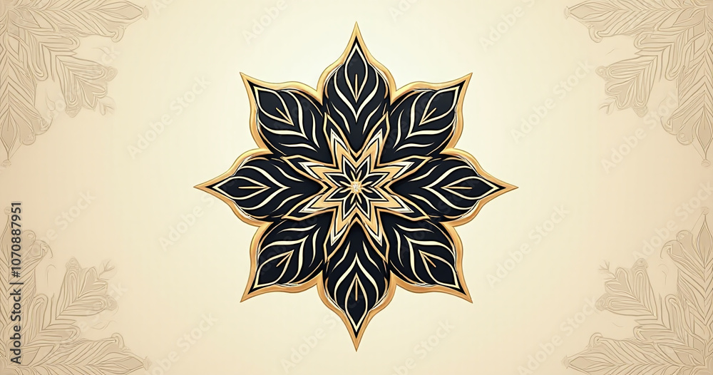 Poster geometric islamic ornament features a dark and gold design on an elegant beige background with intri