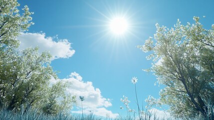 Sunlit Spring Meadow with Blooming Trees