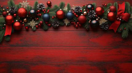 a christmas garland on red wood