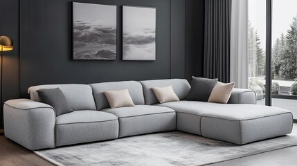 Modern sectional sofa in a minimalist living room with a gray wall, a rug, and a large window.