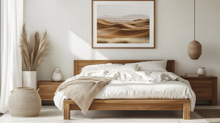 A framed desert landscape print hanging above a low wooden bed with neutral bedding