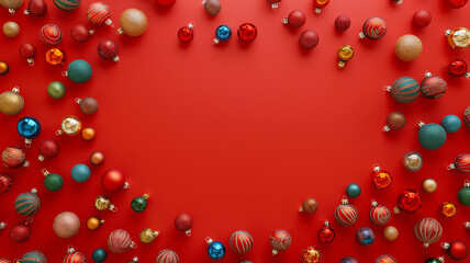 Obraz premium Christmas background. Top view of New Year composition of multicolored Christmas balls on red background. Holiday background. Christmas tree toys on bright background. Space for text