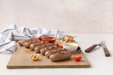 Wooden board with tasty grilled sausages, tomatoes, chili peppers and bowls of sauces on white background