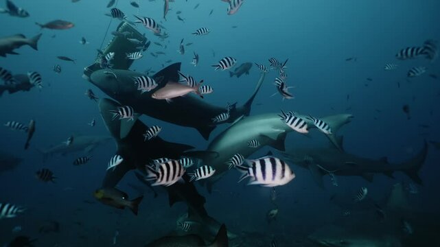 Close-up gray bull shark swimming, feeding underwater from bucket in ocean of Tonga. Shark diving safari tourism. Divers feed school of sharks Carcharhinus leucas in marine wildlife of Pacific Ocean.