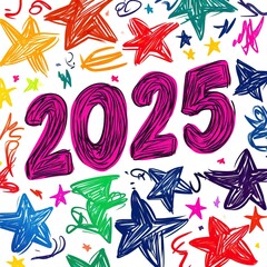 Colorful illustration featuring the year "2025" surrounded by vibrant stars and doodles, expressing a celebratory and festive vibe.