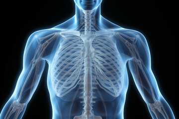 An illustration of a human skeleton focusing on the rib cage and upper body, highlighting anatomical details in a blue and transparent style