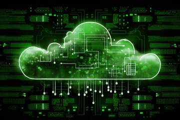 A digital cloud symbol with green neon effects, representing cloud computing technology and data storage solutions.