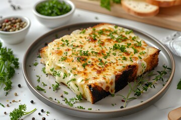 Plate of baked cheese toast with herbs on a white background. Studio food photography for design and print.