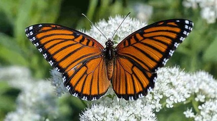 Fototapeta premium A vibrant monarch butterfly with black, orange, and white wings perched on a delicate white flower.
