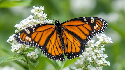 Fototapeta premium A monarch butterfly with its wings open rests on a cluster of small white flowers, surrounded by green foliage.