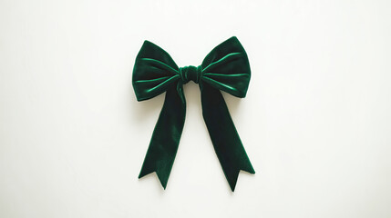 green velvet bow made of narrow ribbon on white background 