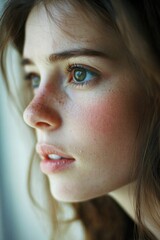 A close-up shot of a woman's face with freckles, suitable for use in portraits or beauty products