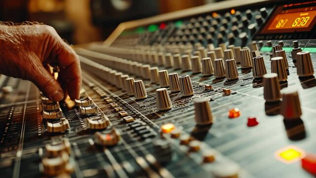 In a professional recording studio, a sound producer's hand is seen in close-up utilising a music mixer equipped with editing tools.
