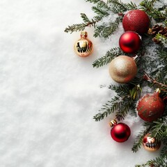 Christmas tree and Christmas tree decorations in the snow.