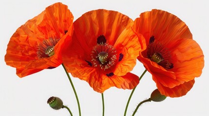 A close up of three bright orange poppy flowers in full bloom with green buds, showcasing their vivid color and delicate petals.

