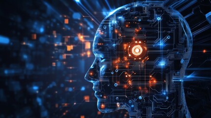 Obraz premium Futuristic AI Head with Digital Circuitry and Glowing Elements 