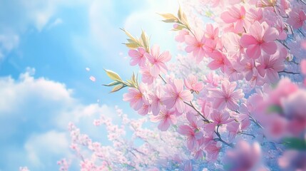Naklejka premium Lively painting of blooming cherry blossoms, pink petals against blue sky, soft background