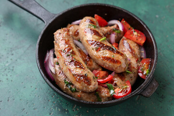 Frying pan with tasty grilled sausages, tomatoes and onion on green background