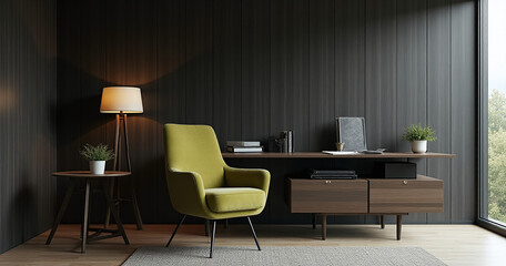 Fototapeta premium In this sleek modern workspace a clean olive green chair sits against a backdrop of sharp black wood panel walls and minimalist decor