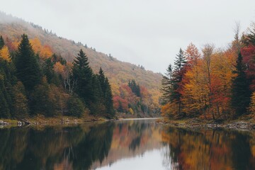 Fototapeta premium A serene scene featuring a lake surrounded by dense trees, perfect for nature-inspired designs and illustrations
