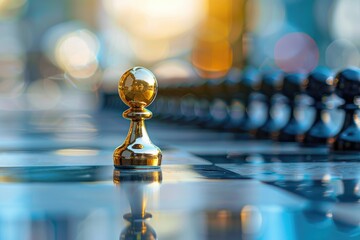A golden pawn sits alone on a classic chess board, perfect for business or luxury themed designs