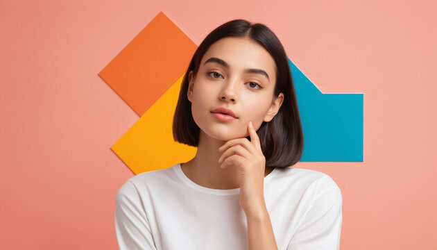 A vibrant and radiant and young woman model thinking in a minimalist design shapes