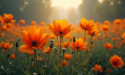 A captivating image featuring bright orange fall flowers in the foreground, beautifully contrasted by a scenic landscape in the background, embodying autumn's charm