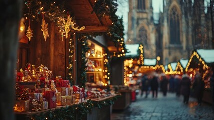 Fototapeta premium People strolling through festive holiday market scene