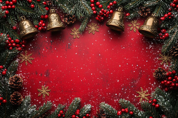 Red background with gold Christmas bells and snowflakes in each corner, with green pine branches along the sides.