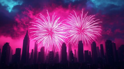Vibrant Fireworks Over a City Skyline at Night