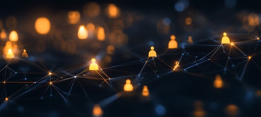 An abstract representation of business connections with glowing lines linking different business icons, set against a dark background