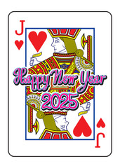 Fototapeta premium Illustration vector of Happy New Year 2025 with Jack of Heart playing cards drawing in colorful vector