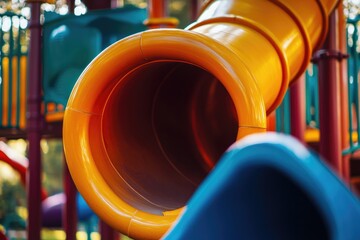 A close-up view of a slide in a playground, suitable for use in illustrations about childhood,...