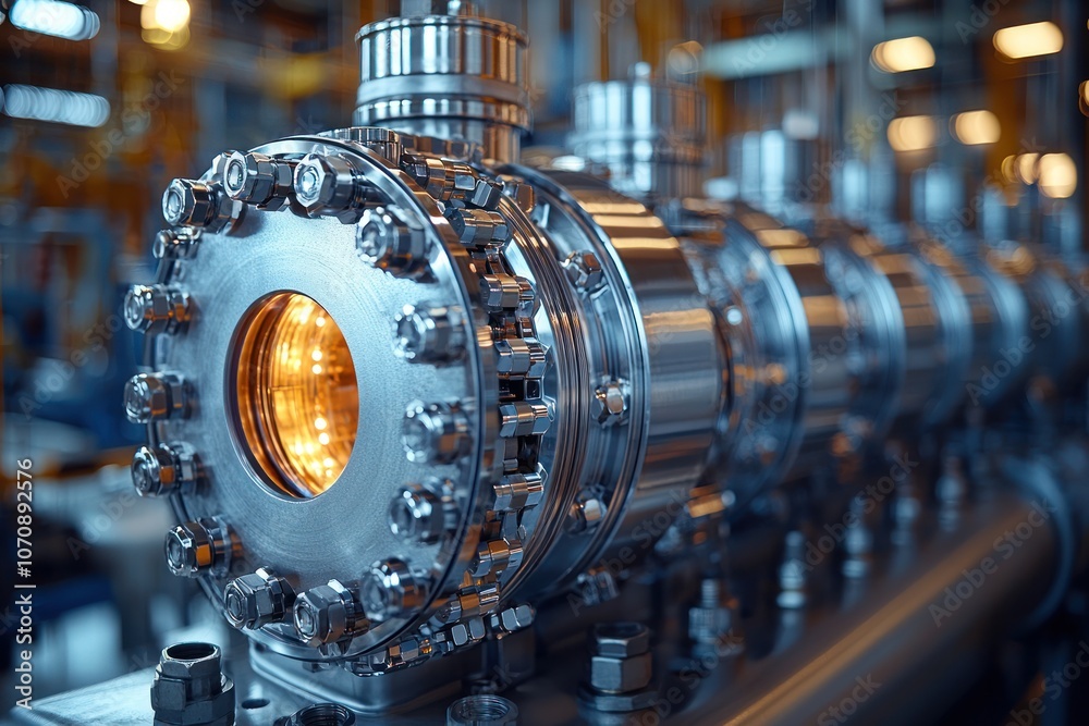 Poster Close-up of a Metal Machine with a Circular Window and a Glowing Orange Light Inside