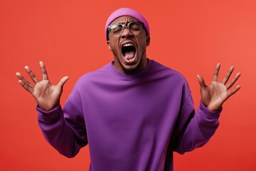 Naklejka premium A person wearing a purple shirt and matching hat, straightforward capture