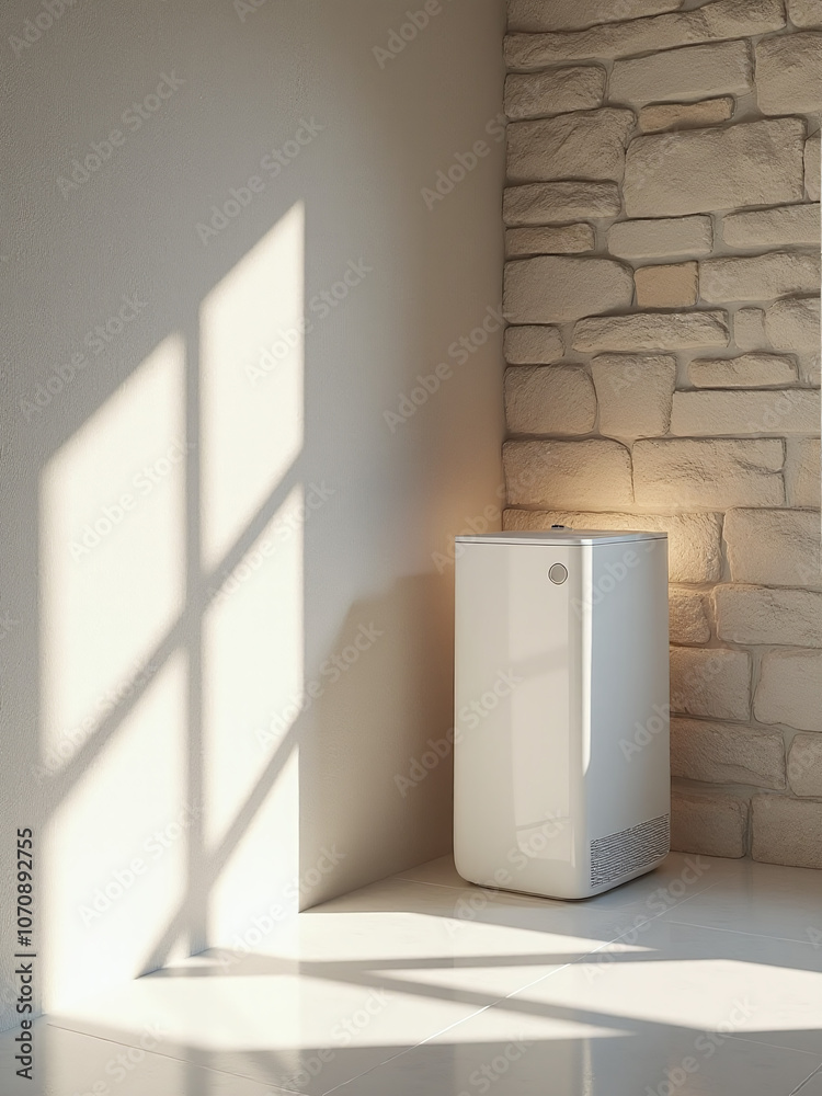 Poster Light filters through a rough stone wall casting a geometric pattern on a minimalist room with a 3D home appliance product