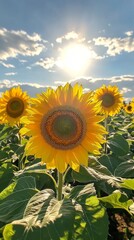 Fototapeta premium Sunflowers blooming brightly under a clear sky in the late afternoon light