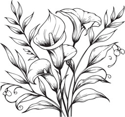 Vector floral background with calla flowers, detailed flower coloring pages printable, calla flower line art, creative flower drawings, calla flower doodle tattoo for arms