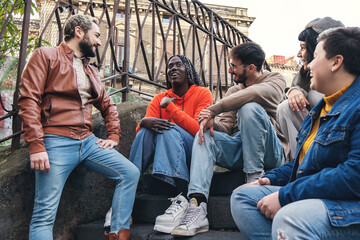 Diverse multicultural friendship meeting laughing together casual urban lifestyle inclusion...