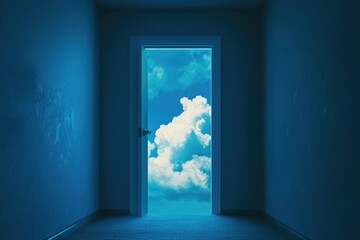 Fototapeta premium A wide open door with a bright blue sky visible through the doorway