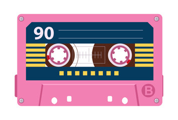 Cartoon 90s analogue cassette. Retro audio tape cassette, 80s tape record, vintage music audio cassette flat vector illustration. Old school player tape