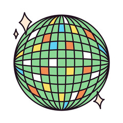 Cartoon disco ball icon. Funny psychedelic 70s hippie disco ball, 60s decorative ball symbol flat vector illustration. Retro hippie disco ball badge