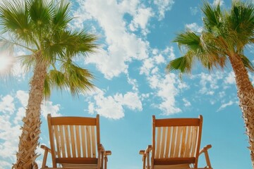 Two wooden chairs sit side by side under the shade of palm trees