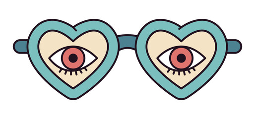Cartoon groovy glasses icon. Funny psychedelic 70s hippie glasses, 60s heart shaped glasses flat vector illustration. Retro hippie glasses badge