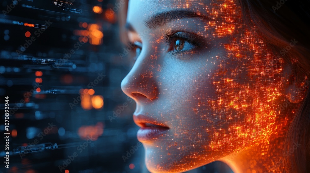 Poster a virtual assistant engages users with vibrant digital patterns in a futuristic setting