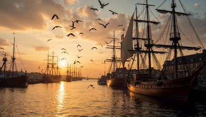 a ship with a sunset in the background and seagulls flying in the sky.