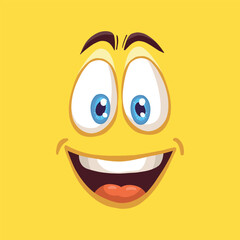 Emotions cartoon. Cartoon face with big round blue eyes and big mouth. Smile, happiness, joy.