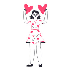 Cheerful girl with hearts. Romantic woman in love, female character sharing and giving hearts, love sharing, Valentines day flat vector illustration. Lady holding hearts