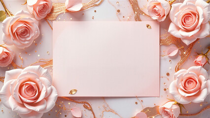 Elegant arrangement of roses on rose gold marble with blank card